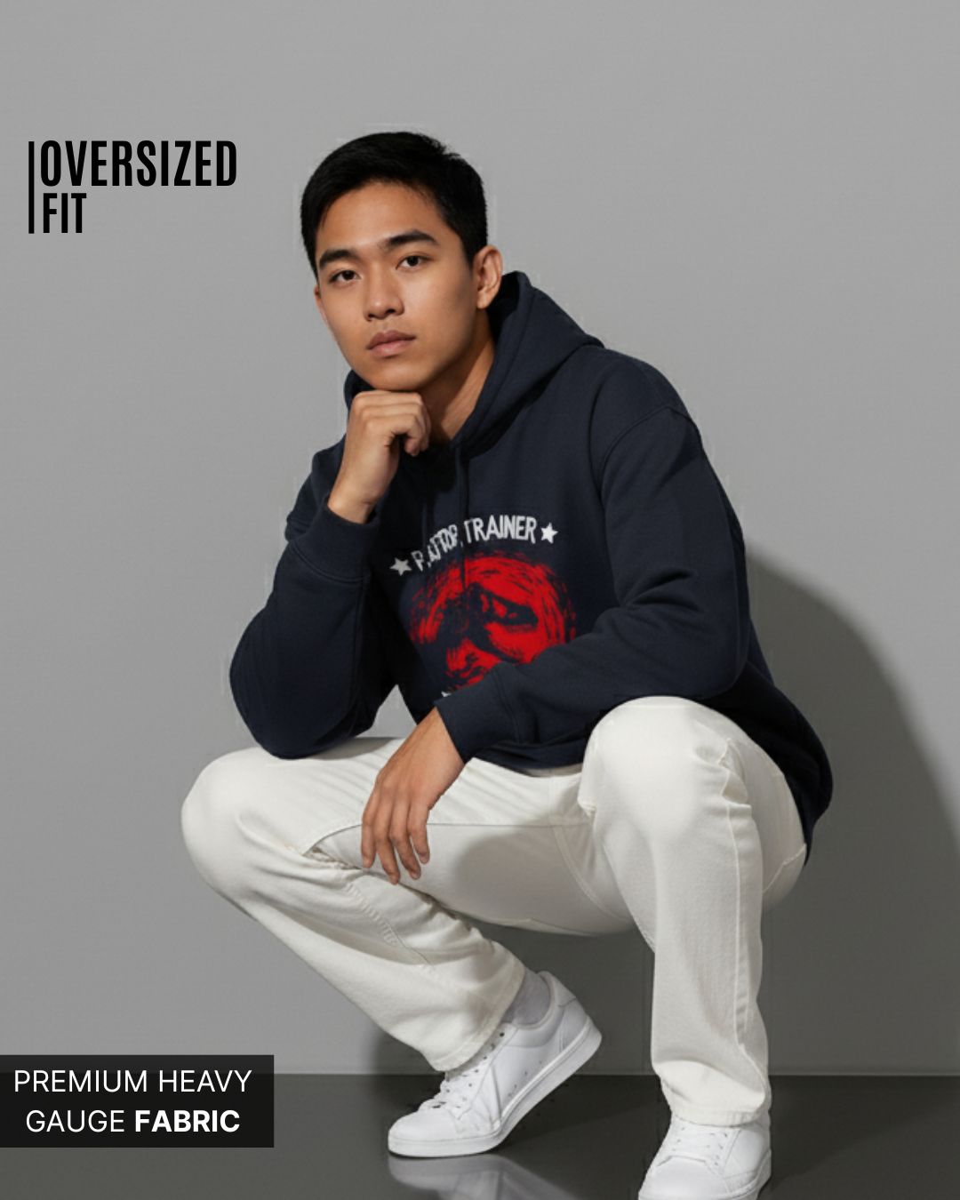 Oversized Navy Dino Graphic Hoodie