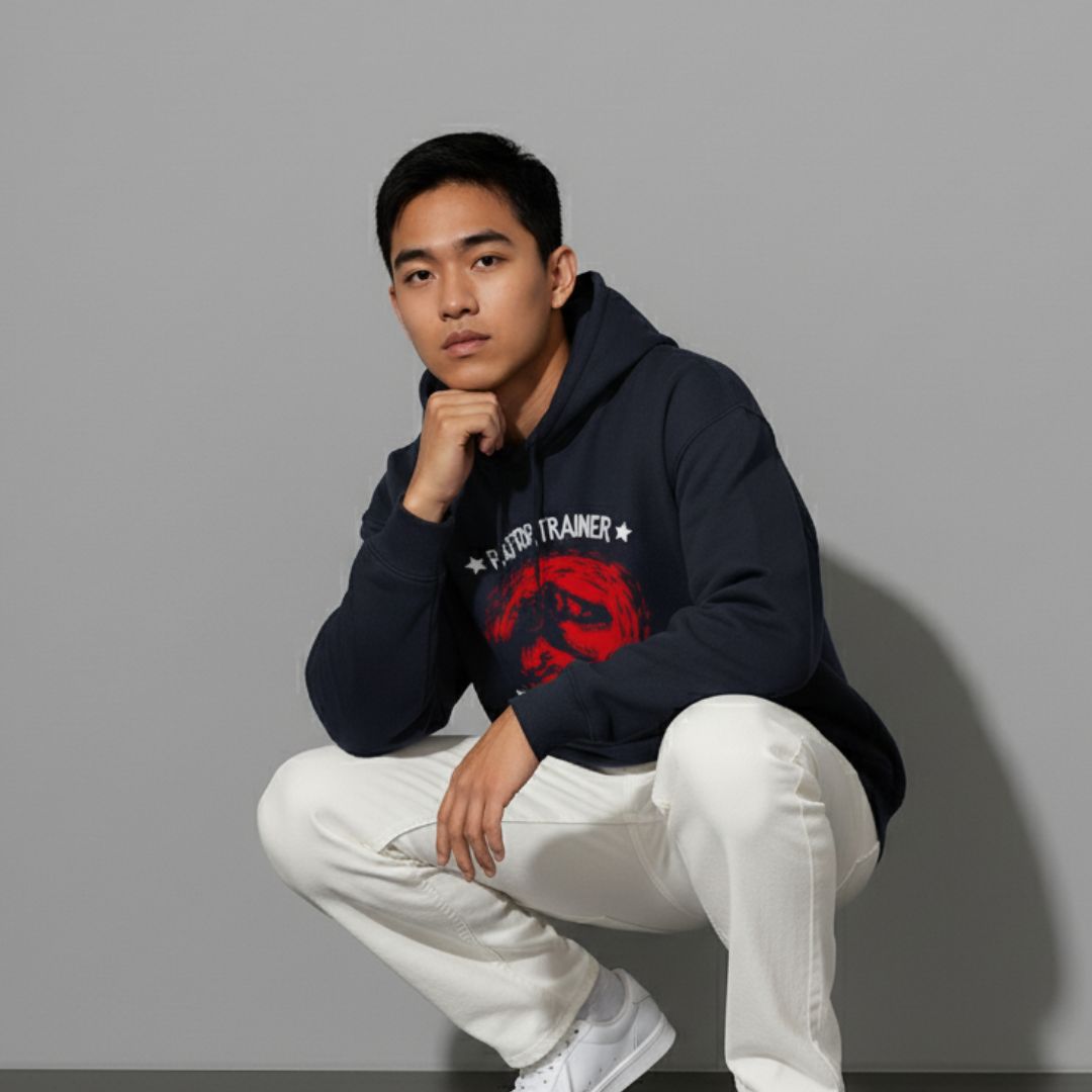 Oversized Navy Dino Graphic Hoodie
