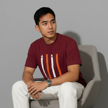 Men Striped Round Neck Polyester Maroon T-Shirt