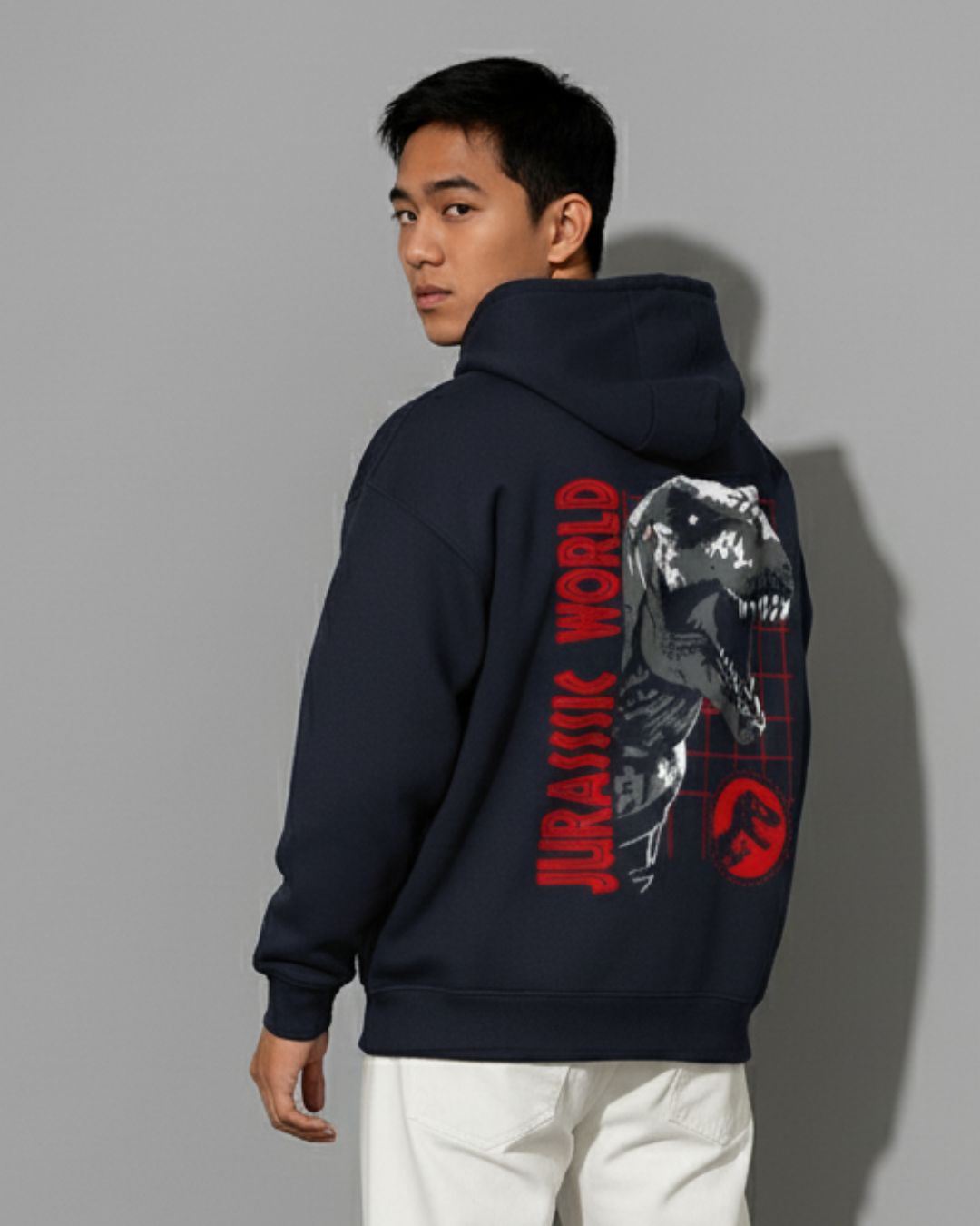 Oversized Navy Dino Graphic Hoodie