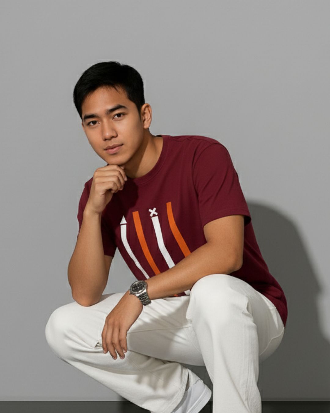 Men Striped Round Neck Polyester Maroon T-Shirt
