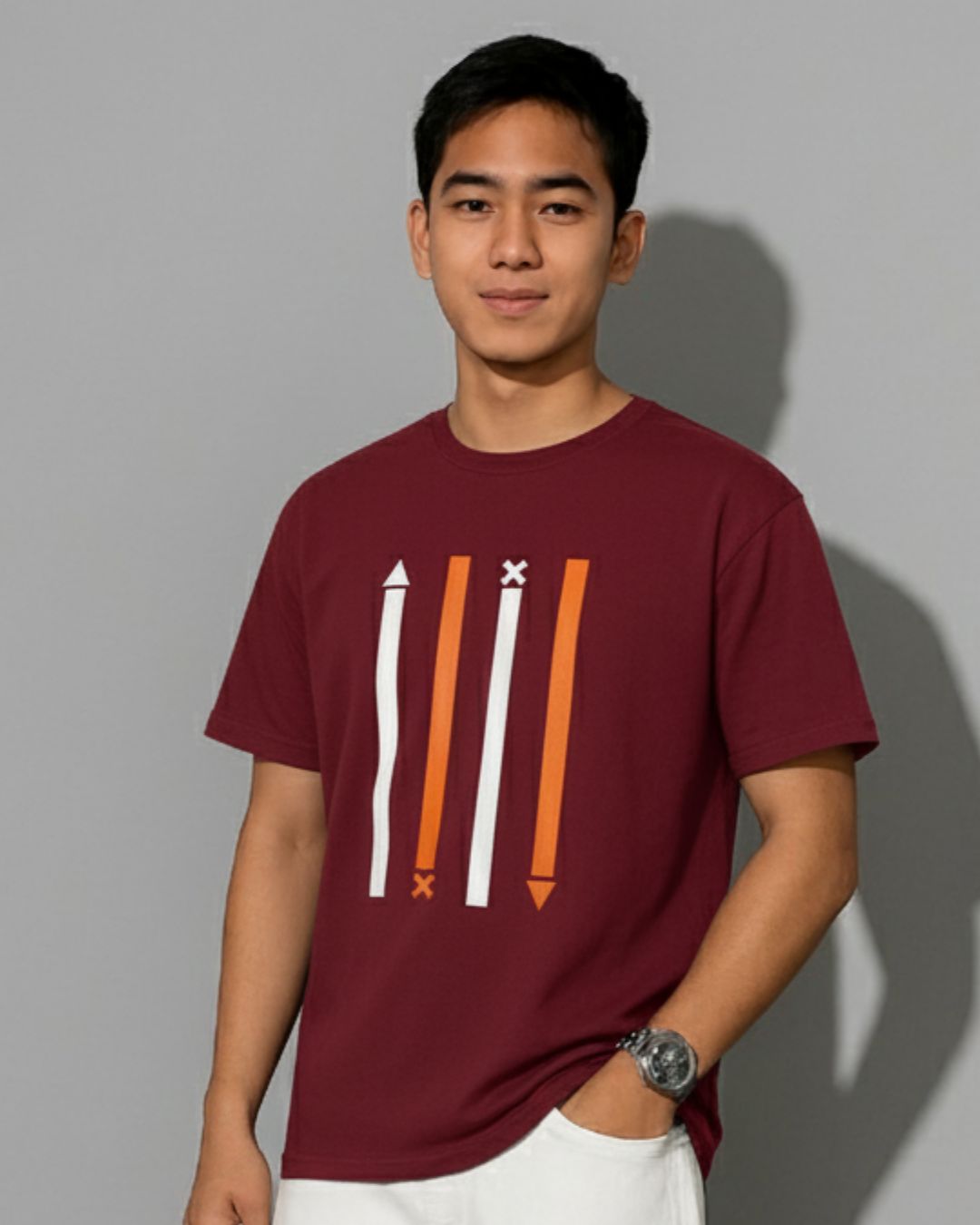 Men Striped Round Neck Polyester Maroon T-Shirt
